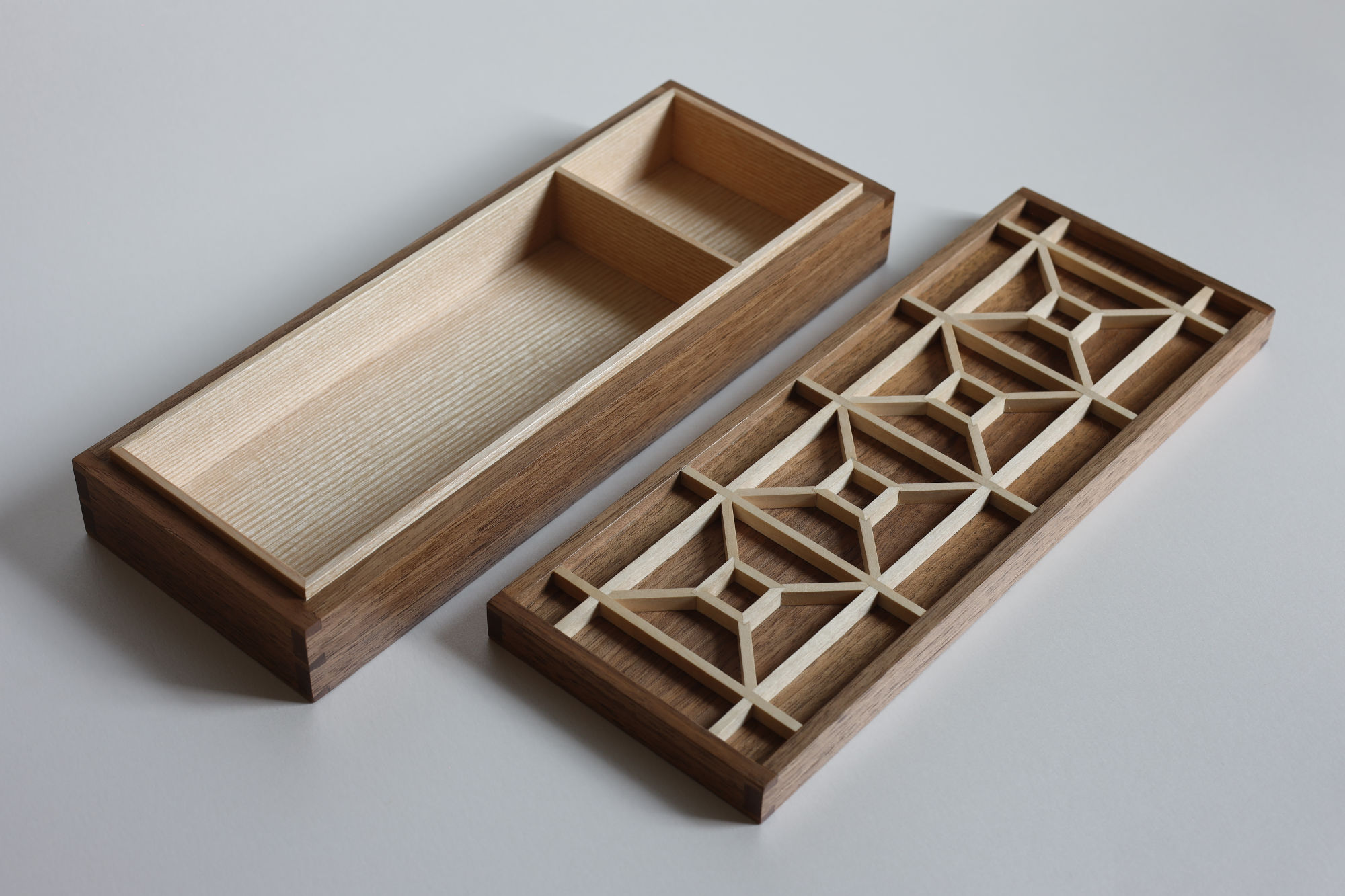 handmade pencil box kumiko pattern walnut wood ash sycamore base lid